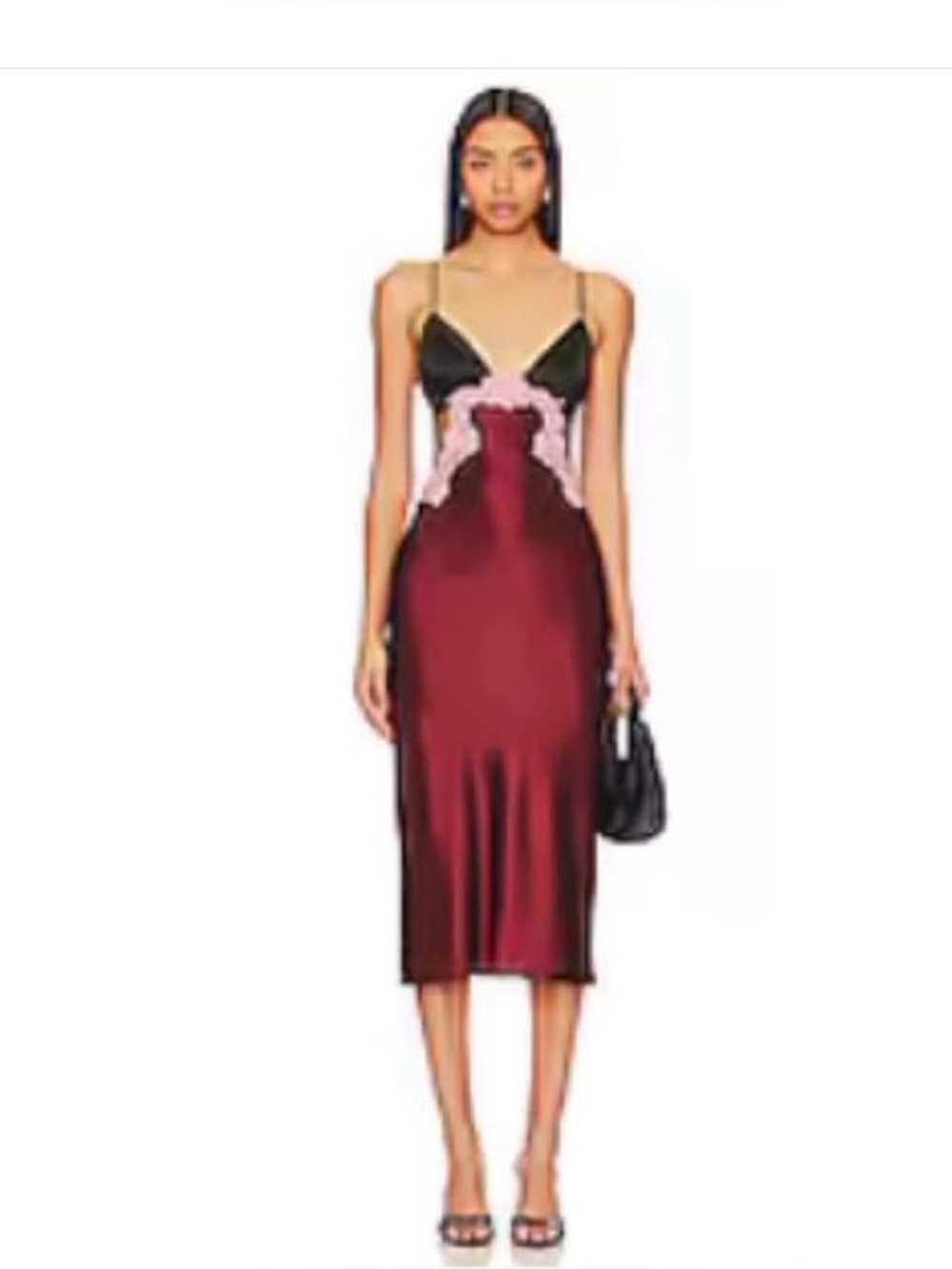 Fleur du Mal Burgundy Satin Slip Dress with Black Bust and Pink Lace